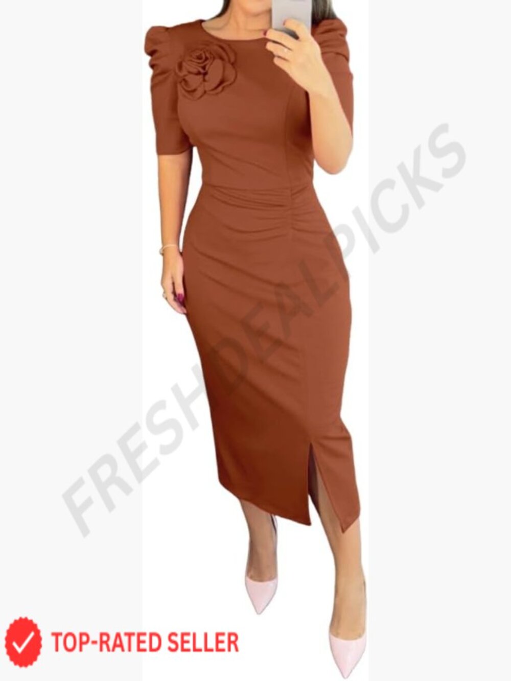 Bodycon Midi Dress Ruched Puff Sleeve Cocktail Pencil Slit Party Work